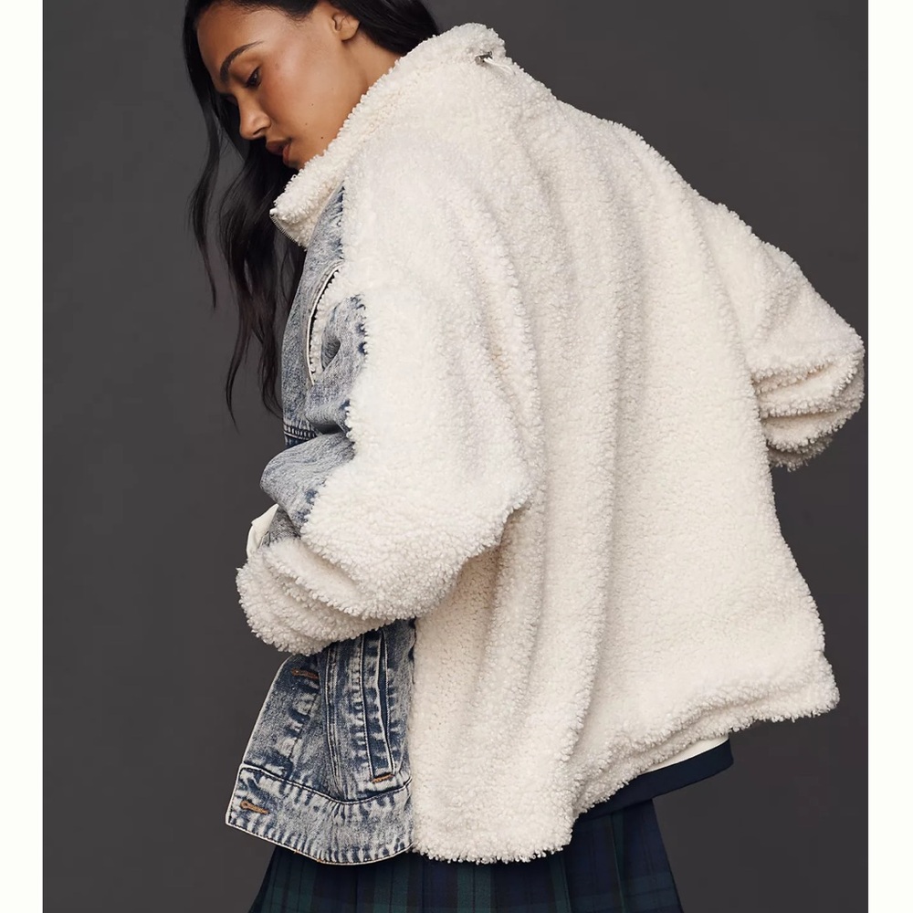 Blank NYC Blue Denim & Cream Sherpa Jean Jacket - Picture 4 of 10